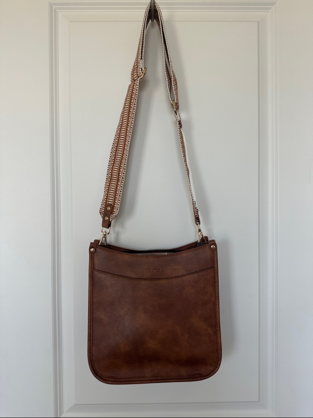 Brown Leather Crossbody Bag with Patterned Strap